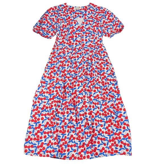 BODEN Lillian Cotton Midi Fit And Flare Dress Size 10 Cherry Print Blue Red - Picture 5 of 9